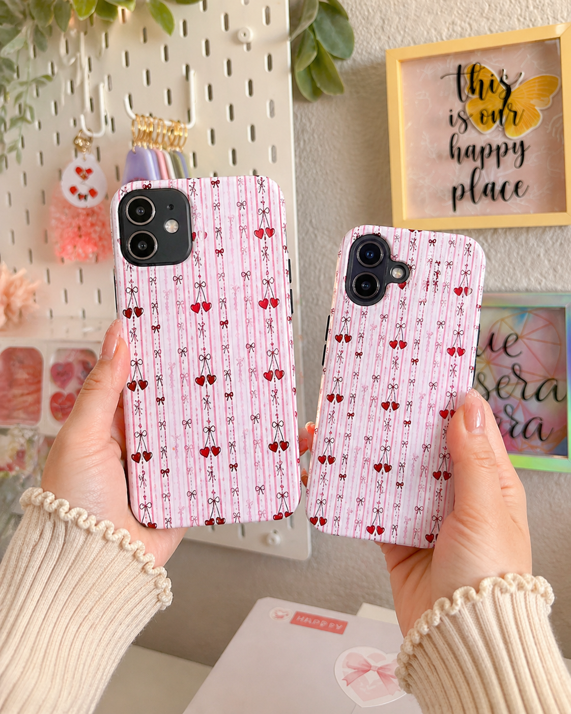 Cherry Pattern Phone Case — Cute Pink Heart & Cherry Design Tough Case