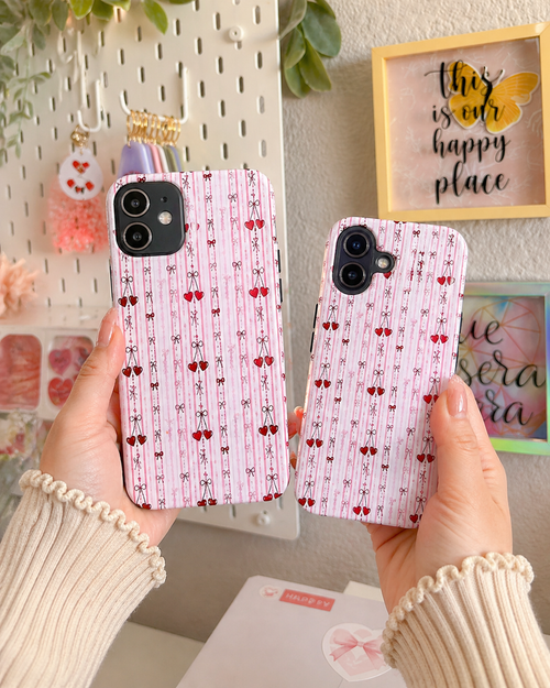Cherry Pattern Phone Case — Cute Pink Heart & Cherry Design Tough Case