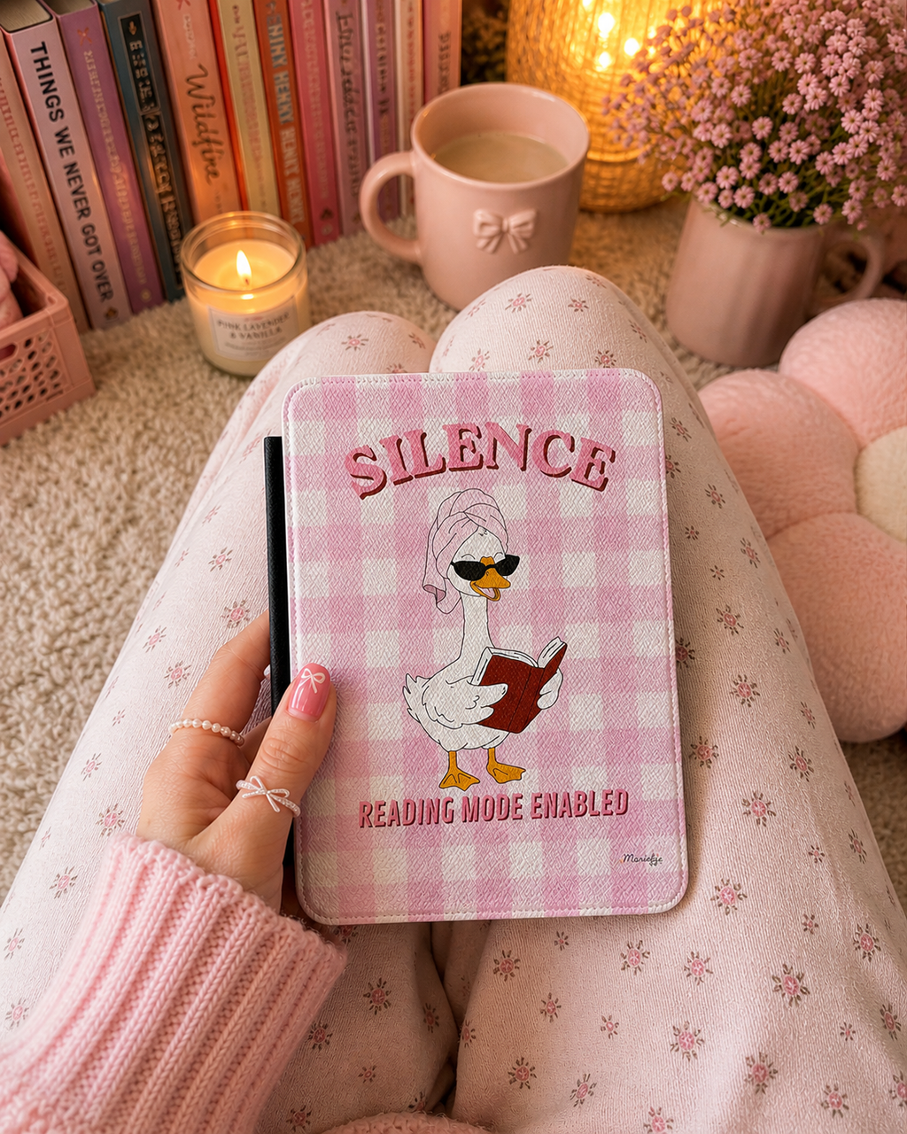 Kindle Case — “Silence: Reading Mode Enabled” Cute Duck Cover (Pink Gingham) Case Girlie Kindle Paperwhite Case Minimalist Aesthetic