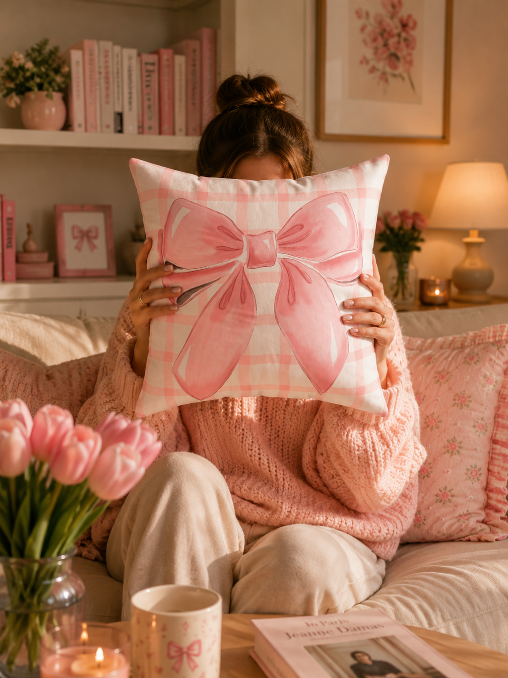 Pink Bow Plaid Pillow - Decorative Square Throw Pillow