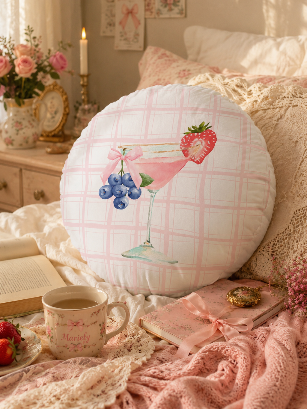 Round Tufted Floor Pillow — Pink Berry Cocktail Watercolor Design
