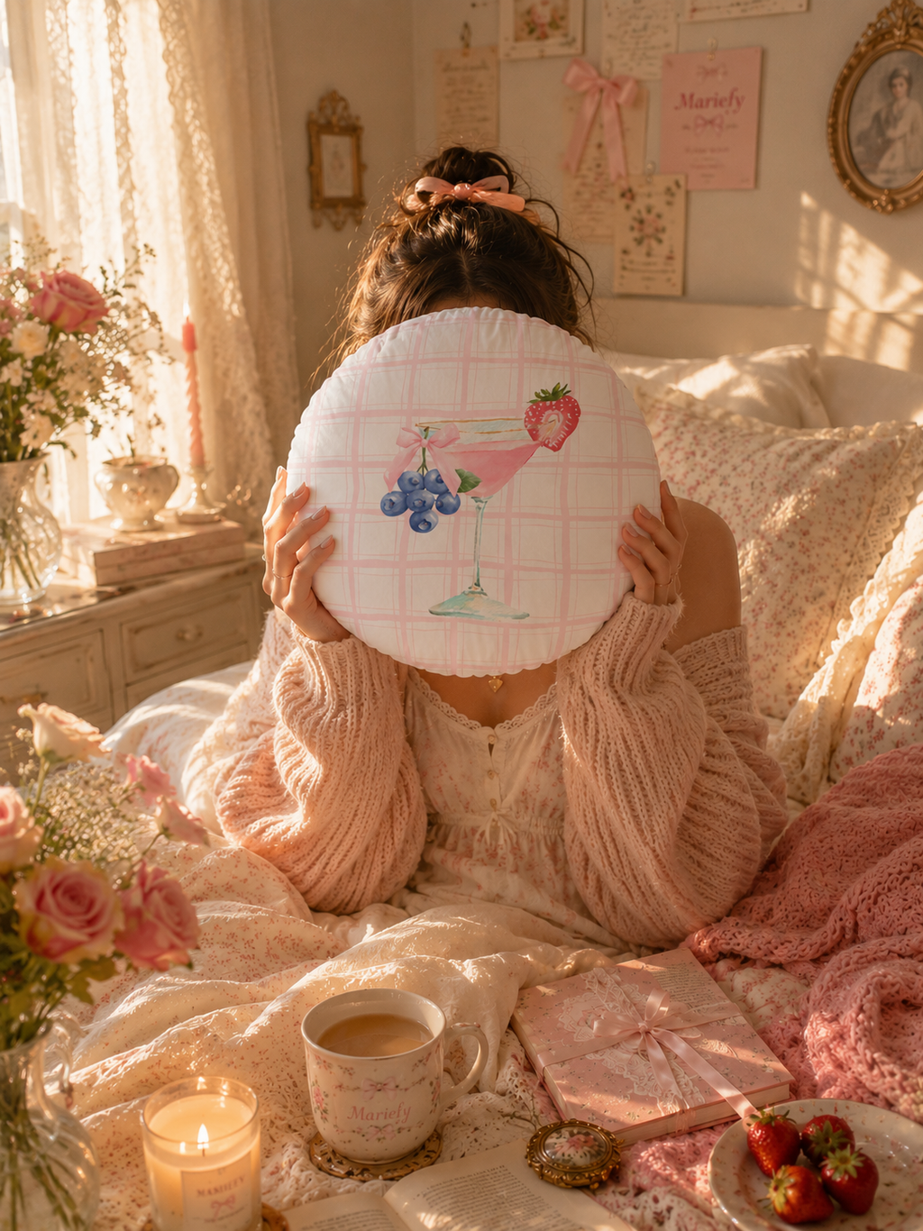 Round Tufted Floor Pillow — Pink Berry Cocktail Watercolor Design