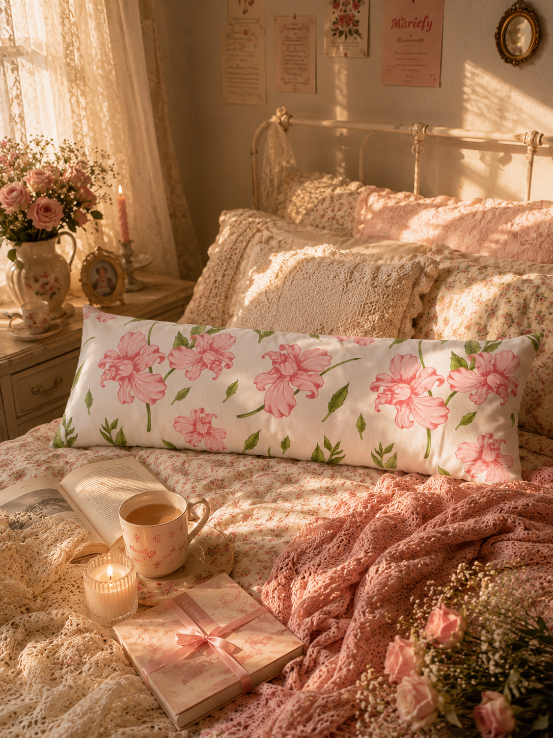 Floral Body Pillow — Pink Watercolor Peonies Decorative Long Pillow