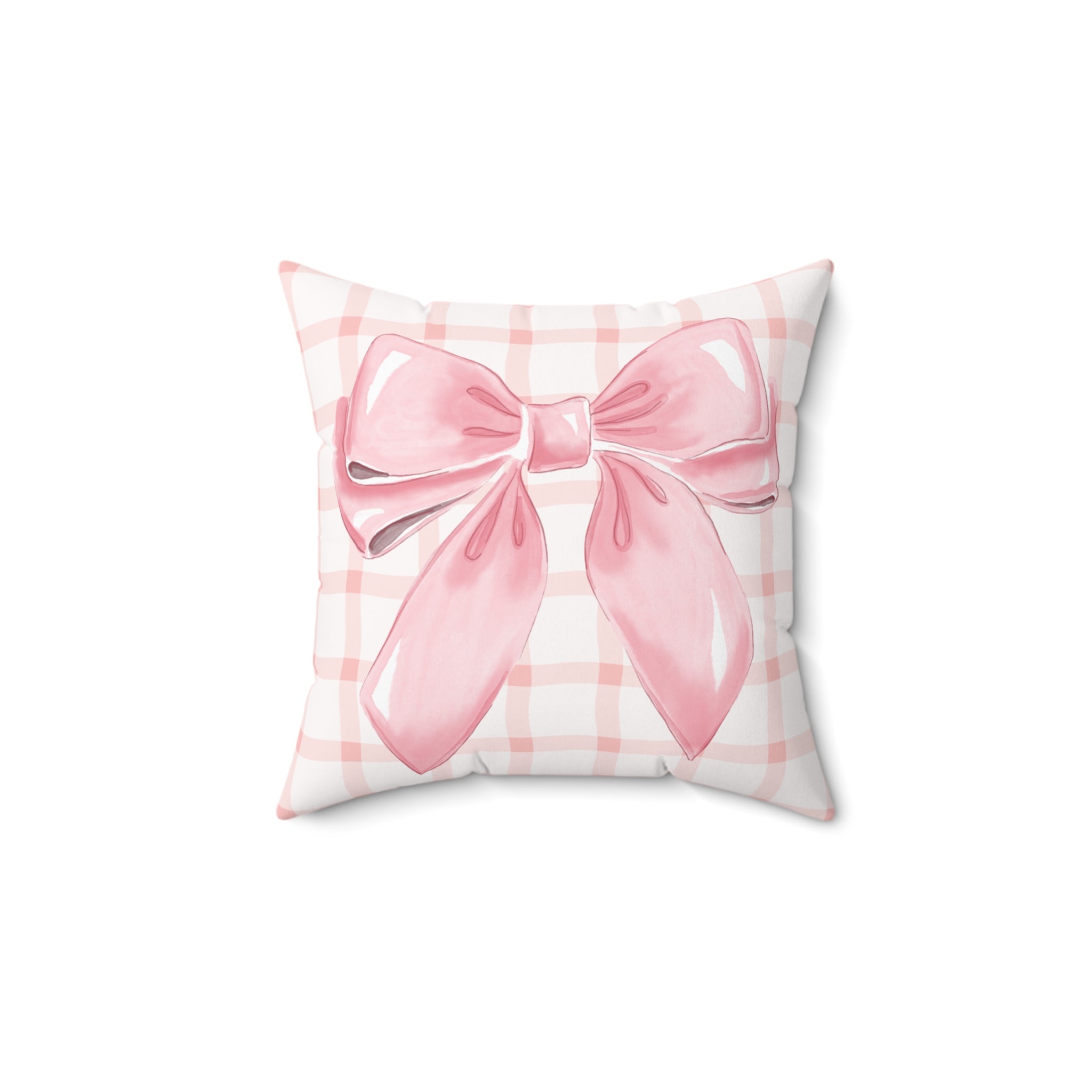 Pink Bow Plaid Pillow - Decorative Square Throw Pillow