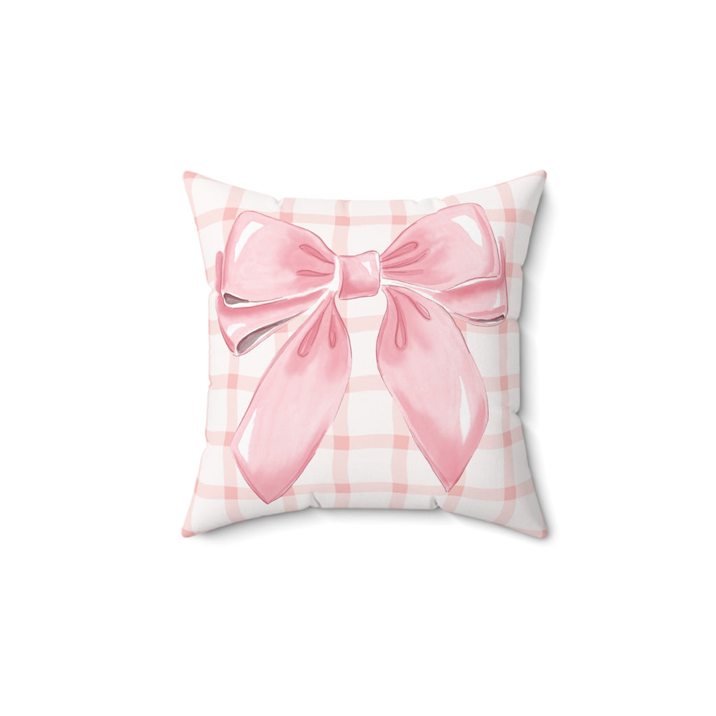 Pink Bow Plaid Pillow - Decorative Square Throw Pillow
